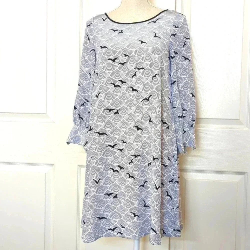 Kate Spade Blue & White Silk Long Sleeve Bird Print Shirt Women's Dress
